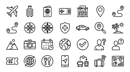 Set of 30 travel and navigation line icons vector, black outline symbols for map, location pin, compass, calendar, camera, luggage, car and search UI