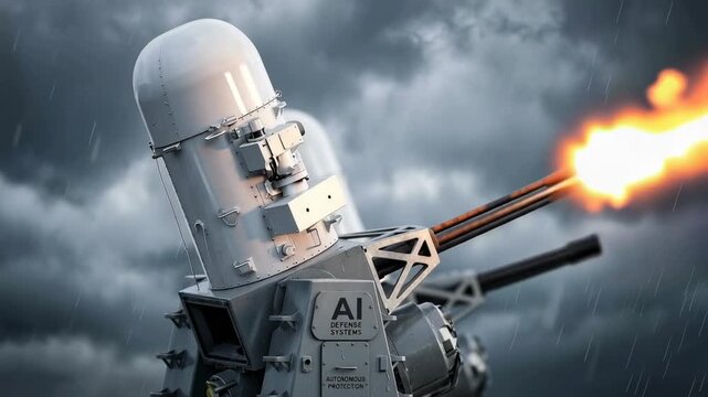 An advanced weapon system operates under stormy weather conditions. The visual shows the system firing projectiles against a dramatic sky