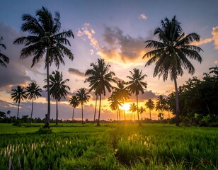 Obraz premium Silhouetted palm trees grace a verdant field at sunset, fiery hues paint the sky