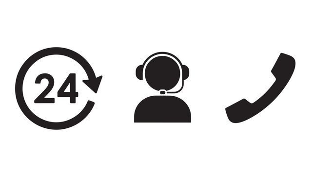 Icons representing 24 hour service, a customer service representative with headset, and a phone handset