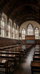 Obraz premium Historic University Lecture Hall with Sunlight Beams Illuminating Rows of Wooden Desks and Stained Glass Windows