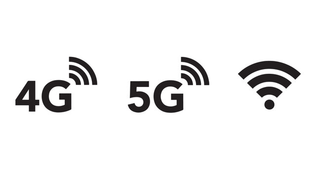 Icons for 4G, 5G, and Wi-Fi network signals presented in a simple black and white graphic representation for technology and connectivity concepts.