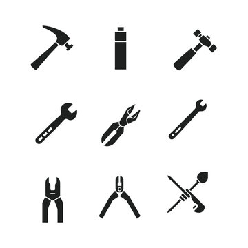 Black Silhouette Hand Tools Icons &ndash; Vector Set of Hammer, Pliers, Wrench, Mallet and Repair Tools