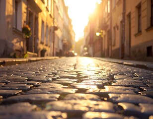 Cobblestone street disappearing into golden sunlit distance, flanked by old buildings. Low perspective