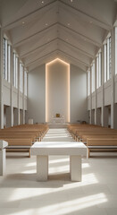 Fototapeta premium Modern Church Interior with Rows of Wooden Pews and a Brightly Lit Altar Area