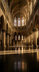Fototapeta premium Sunlight streams through stained glass windows illuminating the grand interior of a majestic cathedral creating a spiritual and awe inspiring atmosphere