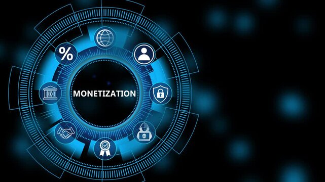 Futuristic monetization dashboard with digital business revenue analytics and advanced profit optimization technology animation