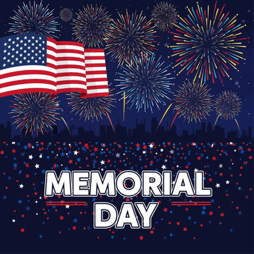 Vibrant Patriotic Celebration for Remembrance Day, Featuring Spectacular Fireworks Display and Waving American Banner Above a City Skyline