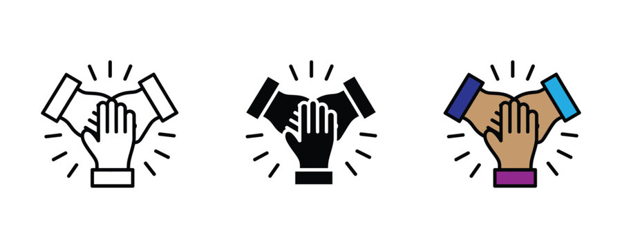 Teamwork and unity icon set. Three hands joined together symbol for collaboration. Vector Illustration.