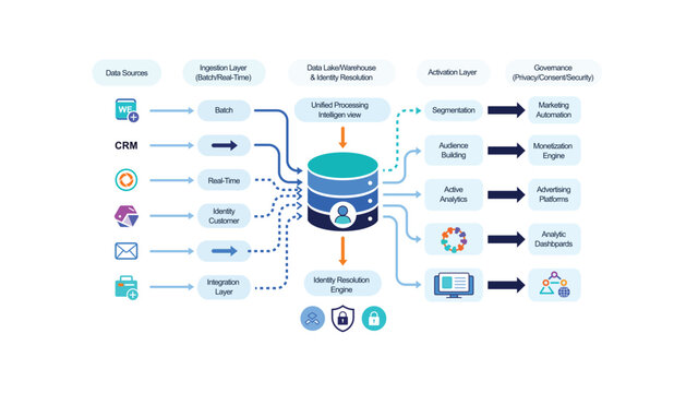 Customer data platform architecture showing data sources, ingestion, data lake, activation, and governance