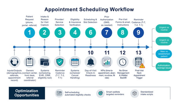 Detailed appointment scheduling workflow for healthcare industry with optimization opportunities