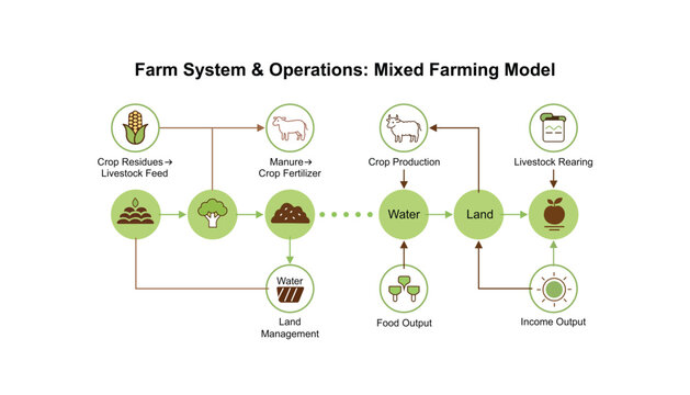 Farm system operations mixed farming model infographic diagram
