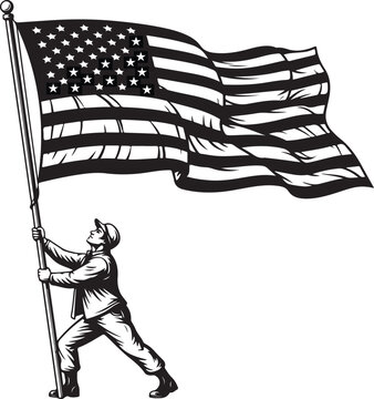 Patriotic Man Holding American Flag Vector Illustration