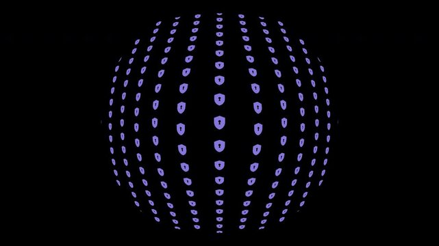 Abstract Cyber Security Sphere Morphing Animation Eye to Shield Concept. Abstract motion graphic animation featuring a 3D sphere made of purple icons on a black background.