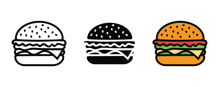 Fresh beef burger or cheeseburger icon set. Fast food and restaurant meal symbol. Vector Illustration.