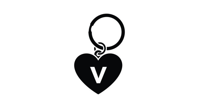 A minimalist black silhouette depicts a heart shaped keychain with the letter v capturing a simple design silhouette