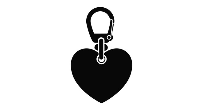A striking black heart shaped keychain design with a carabiner clip presented as a distinct silhouette high quality professional