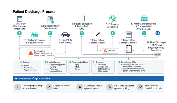 Patient discharge process with improvement opportunities healthcare workflow diagram
