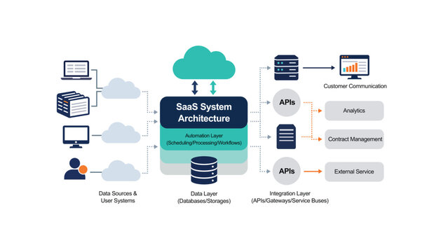 SaaS system architecture diagram showing data sources, automation, data, and integration layers with external services