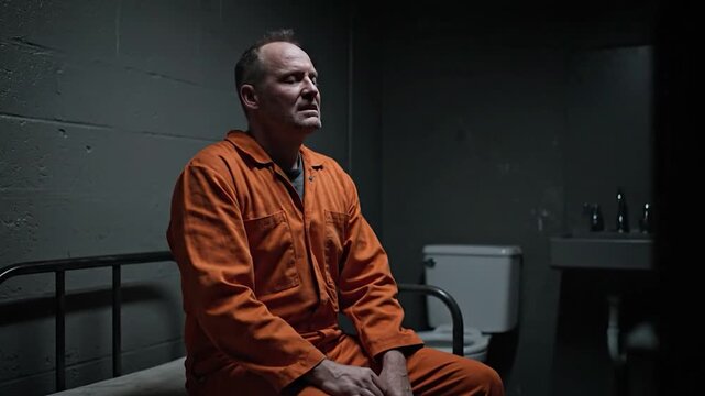 A man in an orange jumpsuit sits alone in a dimly lit prison cell, contemplating his fate and the harsh realities of incarceration.