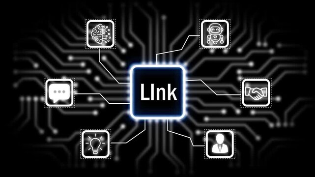 link icon surrounded by smaller icons for ai and manufacturing process management all connected in a digital circuit like pattern, 4k animation. black 