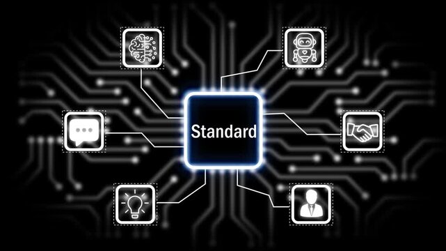 standard icon surrounded by smaller icons for ai and manufacturing process management all connected in a digital circuit like pattern, 4k animation. black 