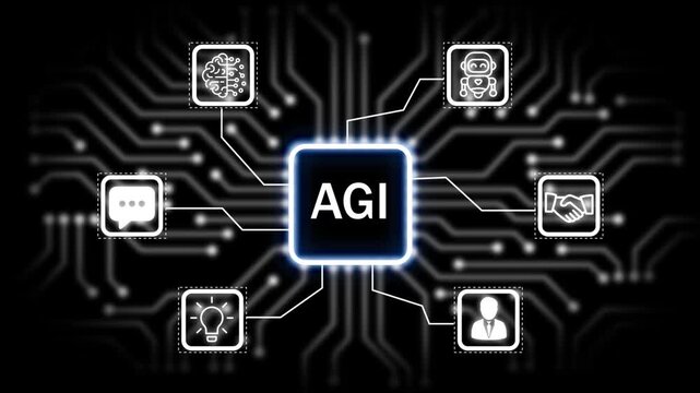 AGI icon surrounded by smaller icons for ai and manufacturing process management all connected in a digital circuit like pattern, 4k animation. black 