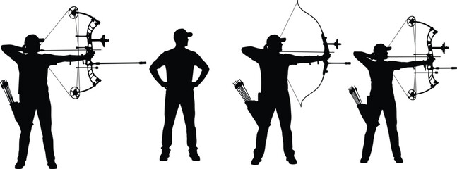Archery athlete silhouettes aiming with compound bow and traditional bow, target shooting sport action vector illustration set © Mst