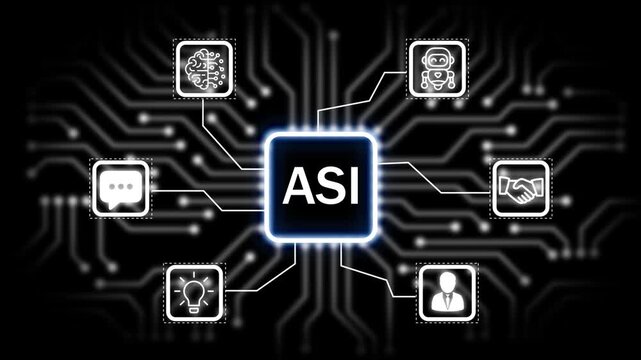 AIS icon surrounded by smaller icons for ai and manufacturing process management all connected in a digital circuit like pattern, 4k animation. black 