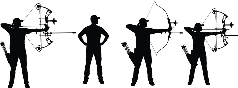 Archery athlete silhouettes aiming with compound bow and traditional bow, target shooting sport action vector illustration set
