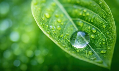 Clear water drop on vibrant green leaf with visible veins, fresh dewdrop on plant foliage in natural setting