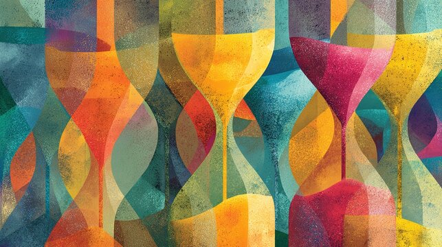 adhd. Colorful overlapping hourglasses with upward-flowing sand, depicting the unique perception of time in ADHD. wellbeing guides.