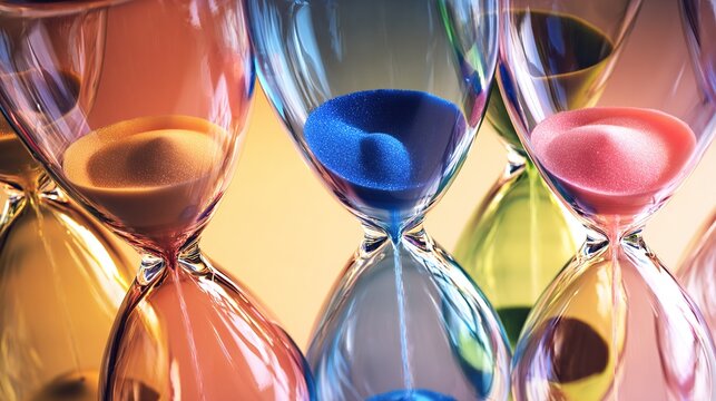 adhd. Colorful overlapping hourglasses with upward-flowing sand, depicting the unique perception of time in ADHD. wellbeing guides.