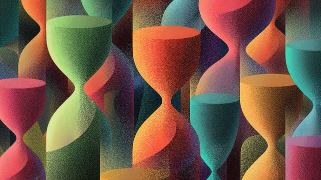 adhd. Colorful overlapping hourglasses with upward-flowing sand, depicting the unique perception of time in ADHD. wellbeing guides.