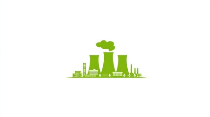 Silhouette of a nuclear facility with cooling towers, factories, and smoke against a white background, representing energy production.
