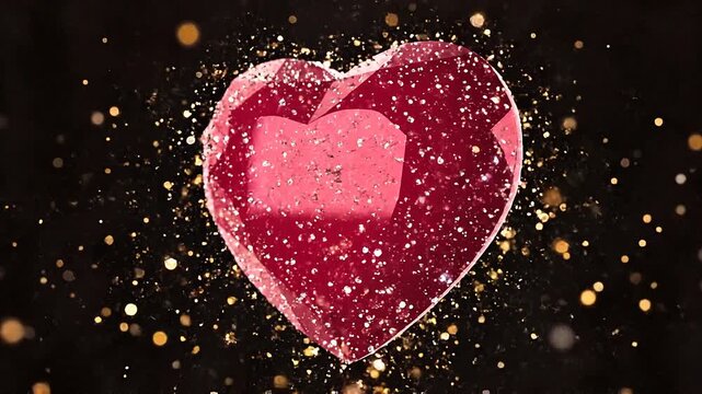 3D Ruby Crystal Heart with Golden Sparkling Dust on Black Background