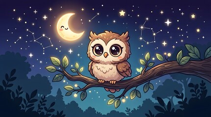 Obraz premium A charming cartoon owl with big eyes sits on a tree branch under a starry night sky with a smiling crescent moon and constellations.
