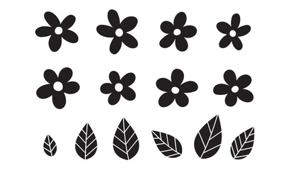 Fototapeta premium Flowers and leaves simple black icons with smooth rounded petals and vein details on white background