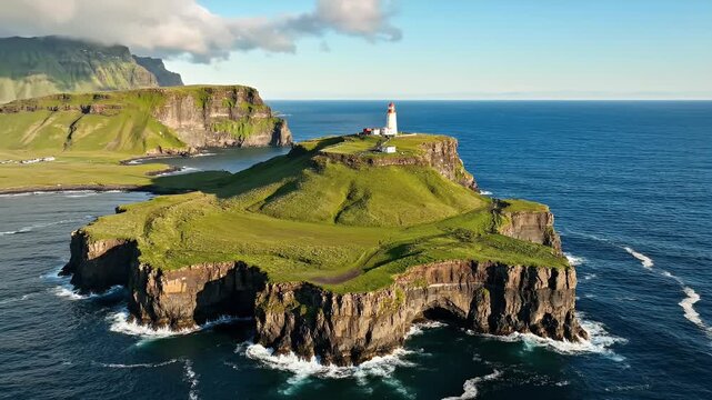 Towering cliffs meet blue ocean waves, crowned by a lighthouse on a green promontory