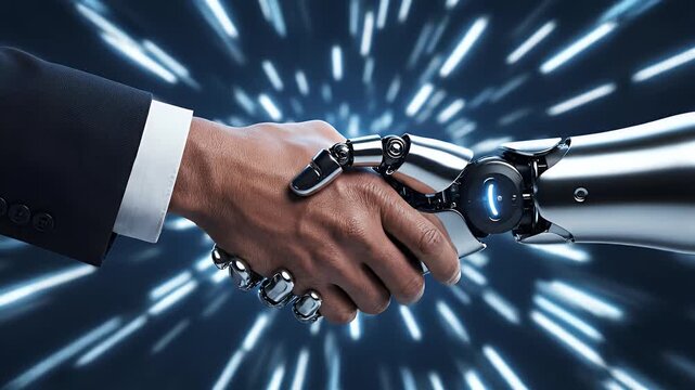 Human and robotic hand shake, symbolizing future collaboration and advancement