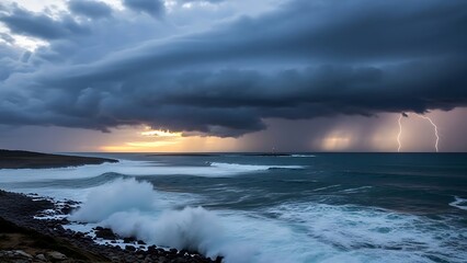 Obraz premium Violent thunderstorm crashes over dark ocean waves near shore.