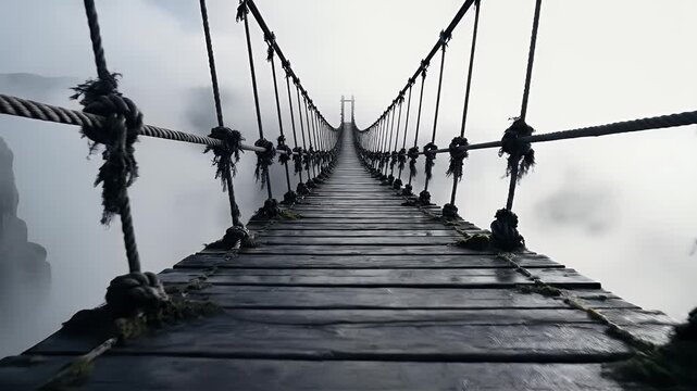 A perilous wooden suspension bridge disappears into dense fog