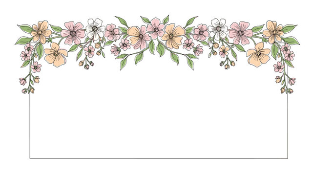 Beautiful colorful floral header with pink and orange flowers and green leaves arranged in a horizontal border on a white background.