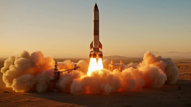 Powerful rocket launch ignites the dawn sky, symbolizing ambition, technological advancement, and the thrilling journey of space exploration into the vast unknown