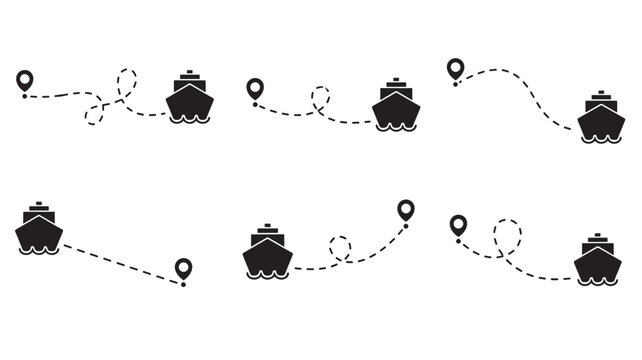 Ships navigation icon set with dashed lines indicating routes and location pins featuring ship, boat, vessel with route and journey elements for