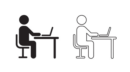 Fototapeta premium Person sitting at desk using laptop icon with black solid fill and outline styles for remote work or office setup concepts.