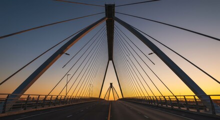 A majestic cable-stayed bridge stands tall against a vibrant sunset backdrop