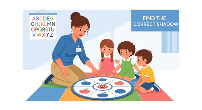 Preschool Teacher Engages Children in Alphabet and Shape Matching Game on Floor