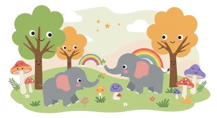 Naklejka premium Two cartoon elephants playing together in a colorful forest with trees and mushrooms under a rainbow sky