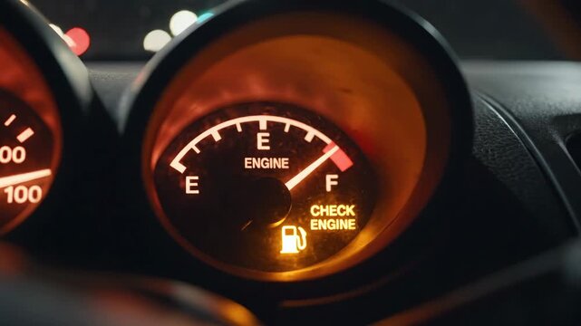 Check engine and low fuel warning lights on dashboard